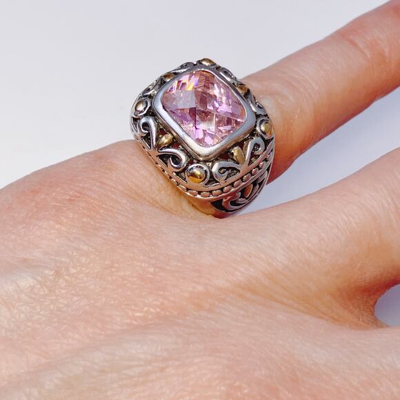 Baroque Revival Pink CZ Ring Size 5.5 Ornate Chunky Wide Band Cubic Zirconia - Picture 8 of 9